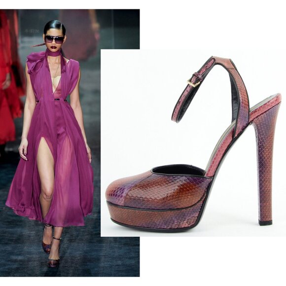 GUCCI SHOES PYTHON LEATHER 'HUSTON' MARY JANE PLATFORM RUNWAY sz 37.5 7.5 - Picture 1 of 11
